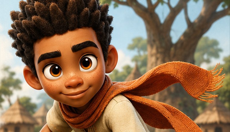 Kweku Anansi crouched to run, his orange scarf streaming behind him, village huts and a great tree beyond