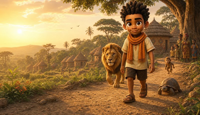 Kweku Anansi walking a village path at sunset, a lion at his side, a monkey and a tortoise following, thatched huts and the valley beyond