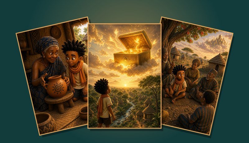Three Anansi storybook covers fanned out — Grandma Nana's wisdom pot, Nyame's golden box of stories, and the village listening to a tale