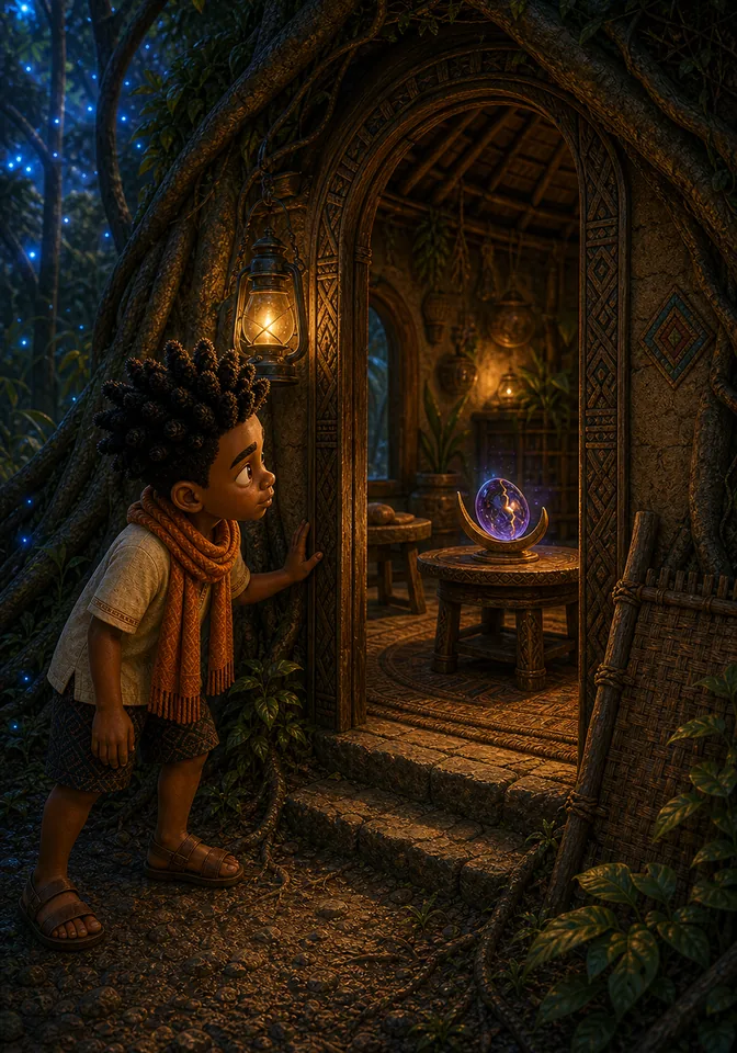Kweku peers into Adoma's root-hidden dwelling and sees the stone.