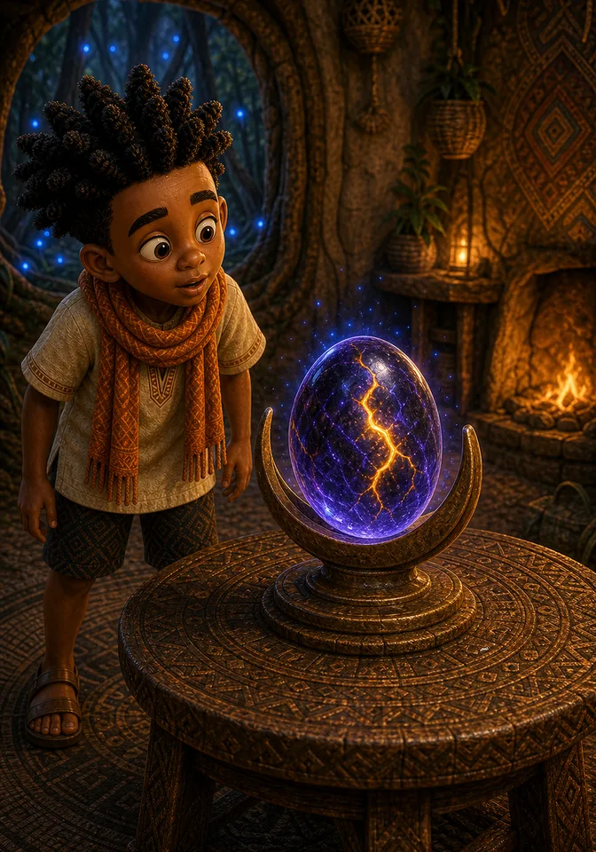 The black-violet wish stone glows in its bronze crescent stand.