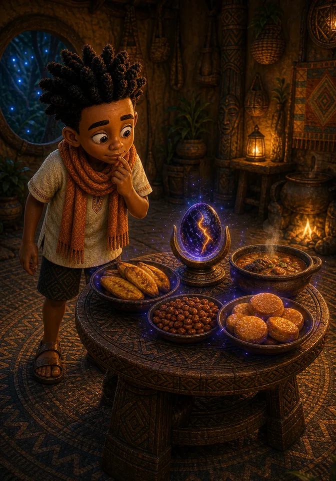 Kweku is tempted by enchanted food beside the wish stone.