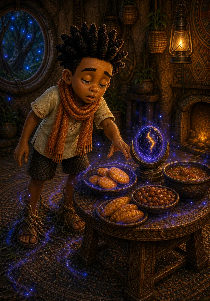 Kweku grows drowsy after eating enchanted honey cakes.