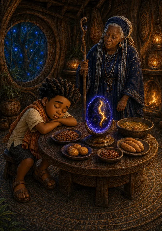 Adoma returns and finds Kweku asleep beside the wish stone.