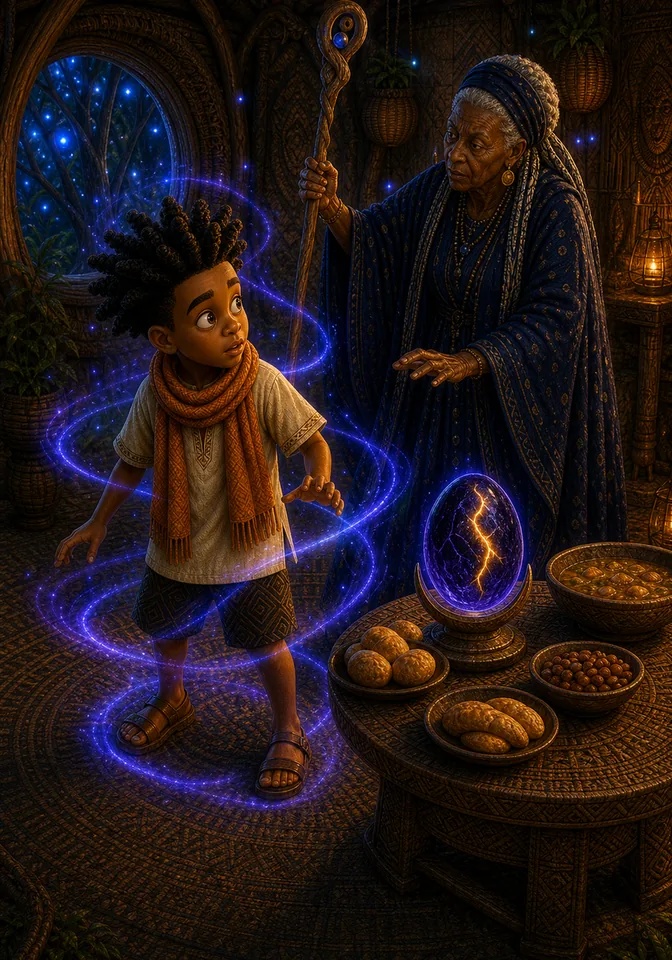 Adoma's blue-violet lesson magic circles Kweku.