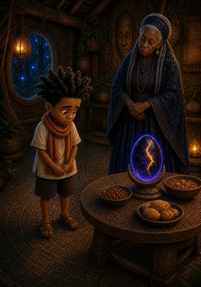 Smaller transformed Kweku stands humbled near the wish stone.