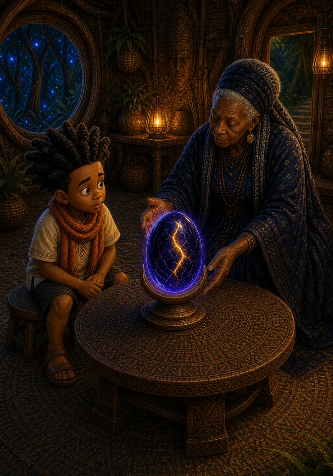 Adoma places the glowing wish stone between herself and Kweku.