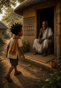 Kweku approaches a silent elder at a quiet house beyond the farms.