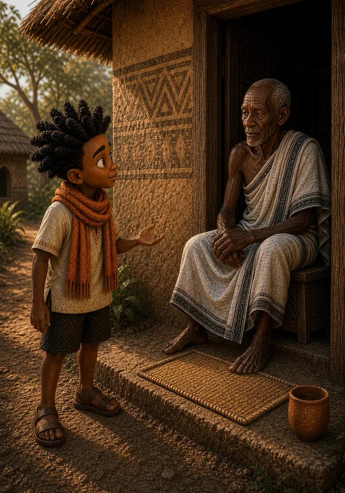Kweku asks the silent elder for water beside a clay cup.