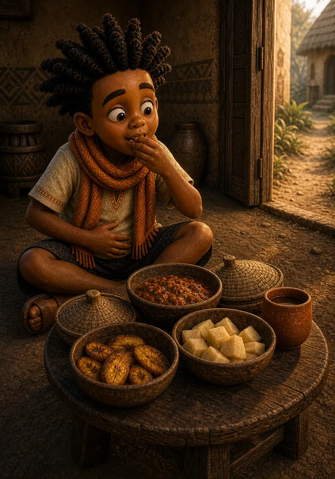 Kweku eats from covered bowls inside the quiet house.
