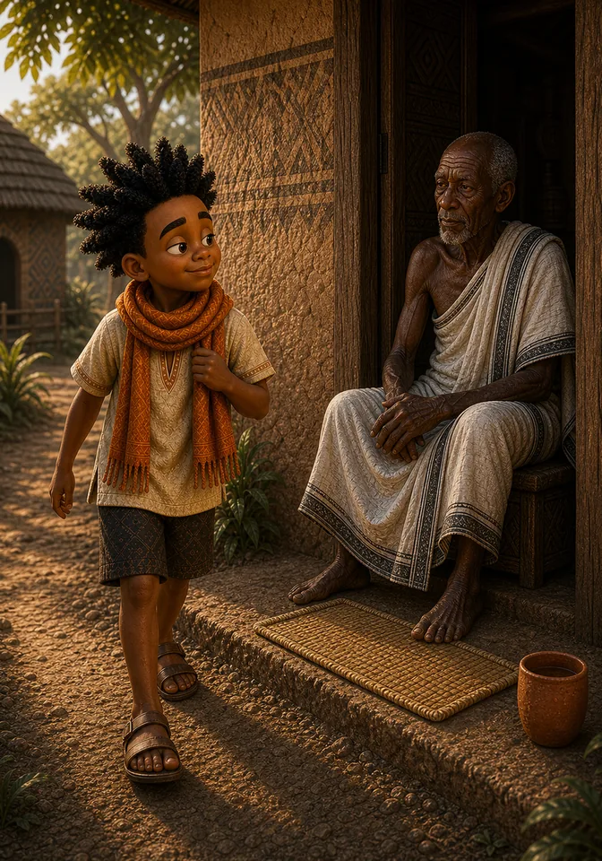 Kweku returns confidently to the silent elder's doorway.