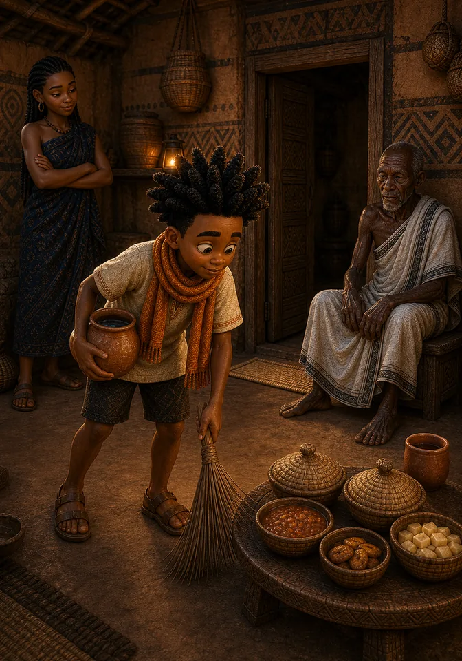 Kweku makes amends by sweeping and restoring the food bowls.