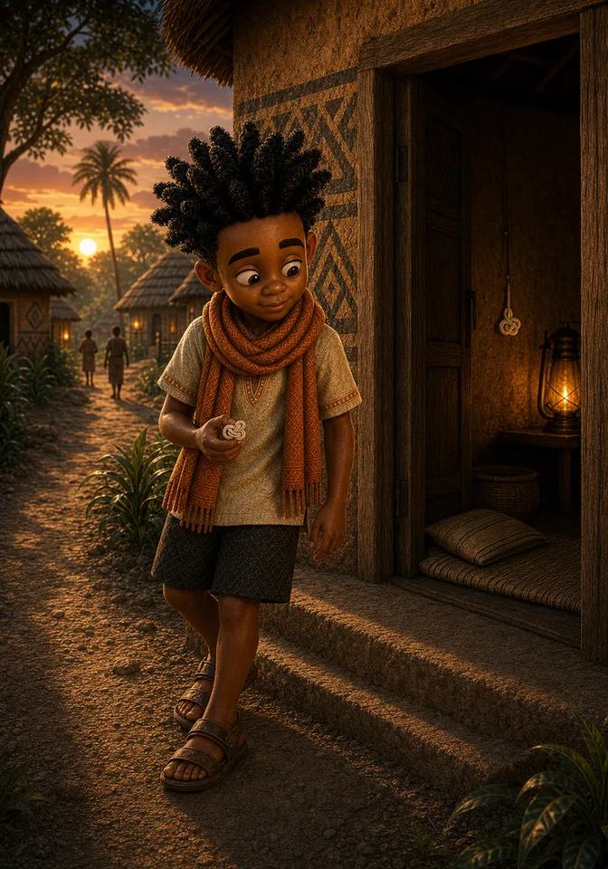 Kweku pauses thoughtfully at a village doorway, changed by the lesson.