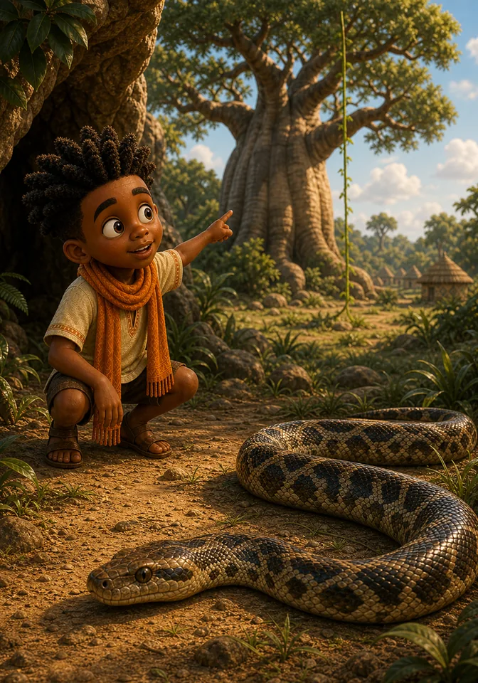 Illustration for Kweku Anansi and Ssese the Snake, page 4