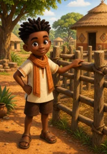 Kweku Anansi stands beside a wooden goat pen in a sunny village.