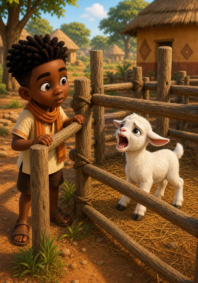 A small baby goat named Nub cries loudly inside the goat pen while Kweku watches.