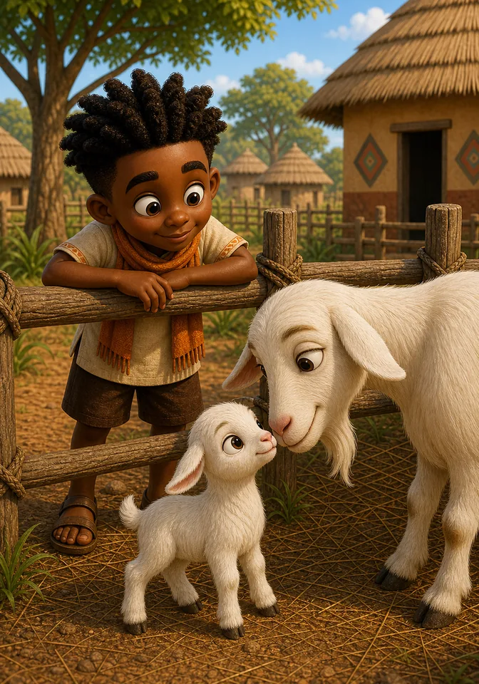Mother goat Yaa gently nuzzles crying baby Nub inside the pen.