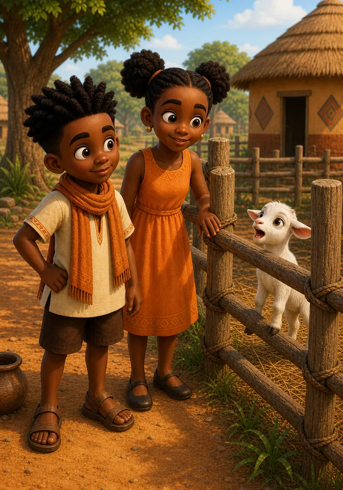 Efua joins Kweku at the fence and looks toward the crying baby goat.