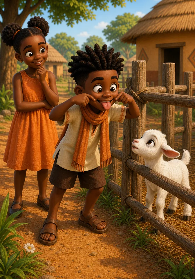 Kweku makes a funny face to cheer the baby goat while Efua watches.