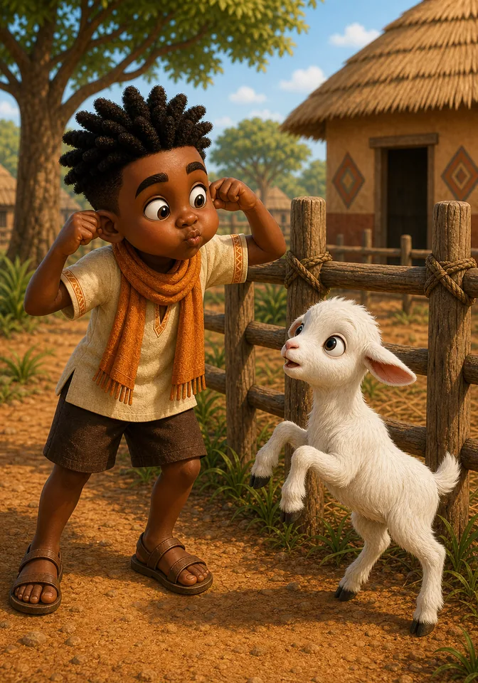 Kweku pulls his ears and puffs his cheeks while Nub stares in surprise.