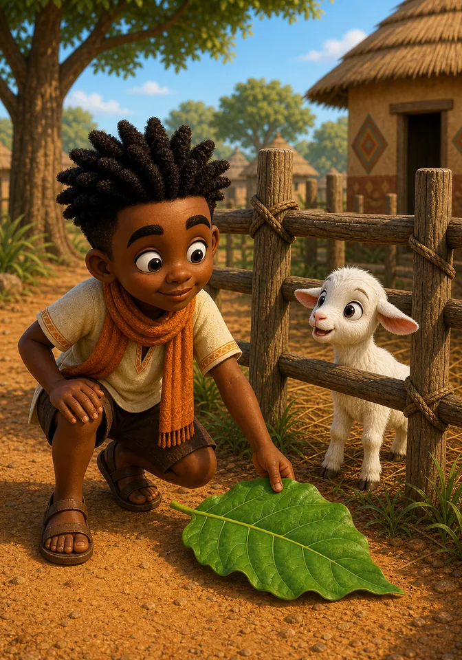 Kweku finds a large green leaf near the goat pen.