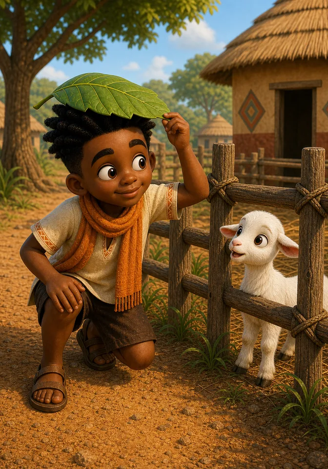 Kweku balances a green leaf on his head like a dancing hat.