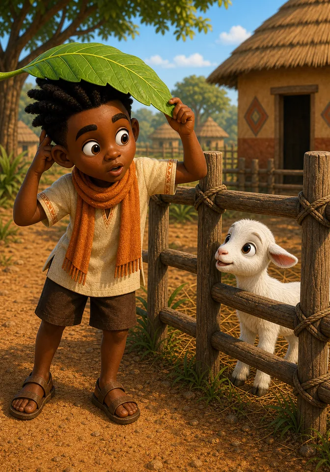 Nub stares hungrily at the green leaf hat on Kweku's head.