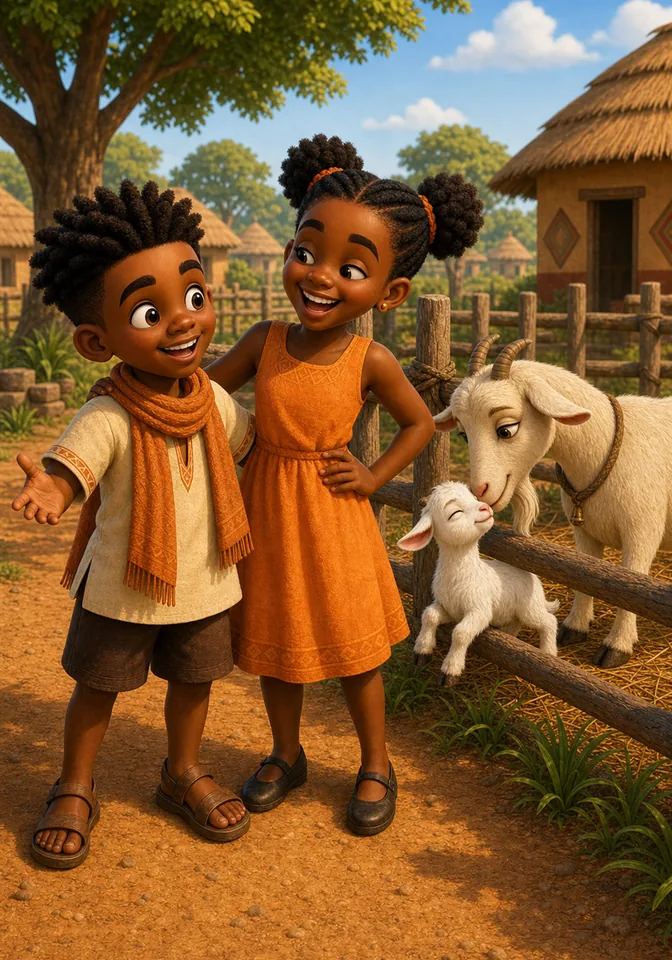 Kweku and Efua laugh together while Nub rests quietly near his mother.