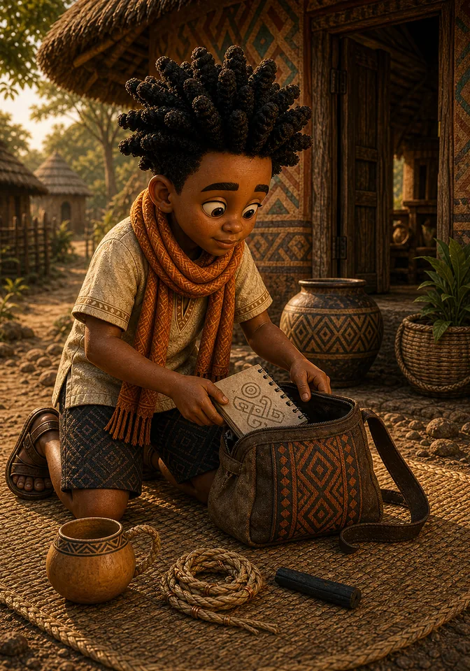 Kweku packs his notebook, raffia wind-ribbon, and calabash cup.