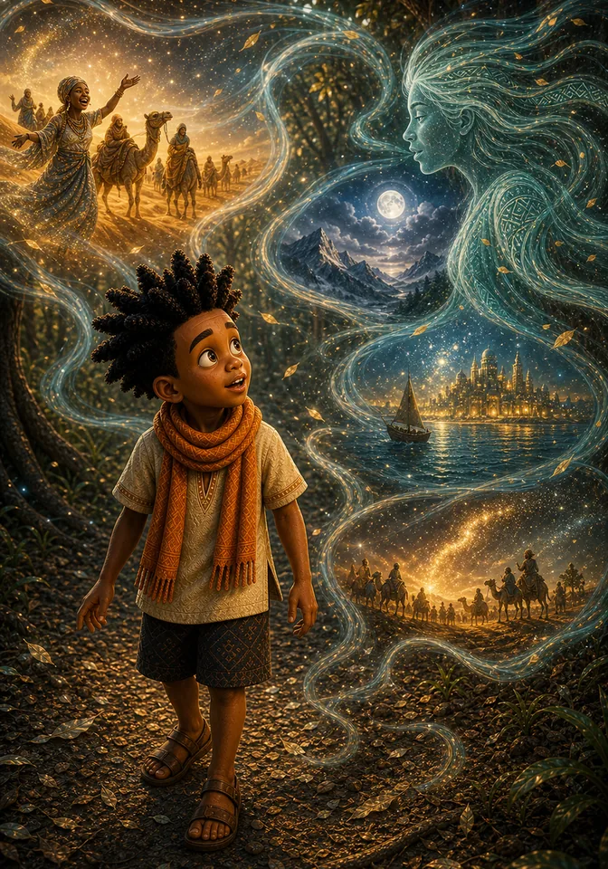 Binta's faraway story visions swirl around Kweku.