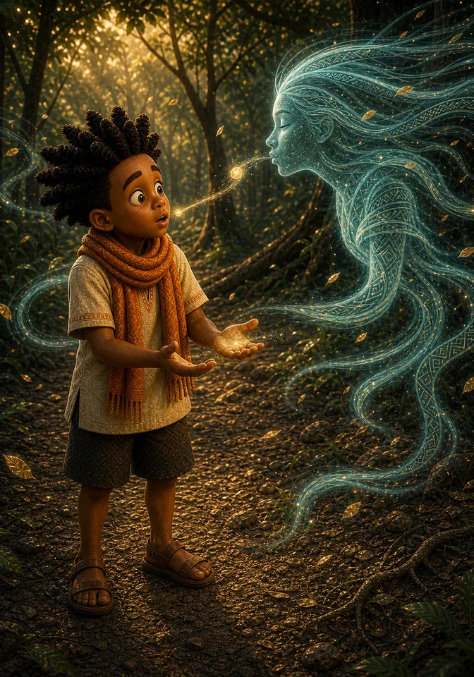 Kweku's treasured story leaves him as a glowing seed.