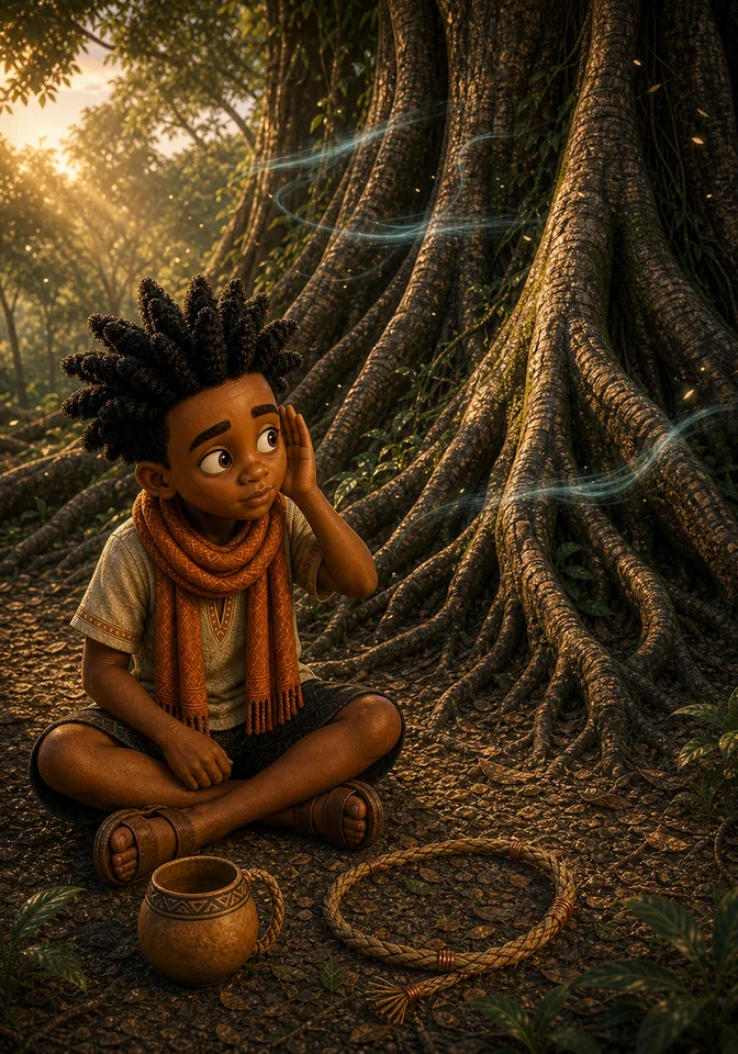 Kweku listens patiently beside the oldest tree.