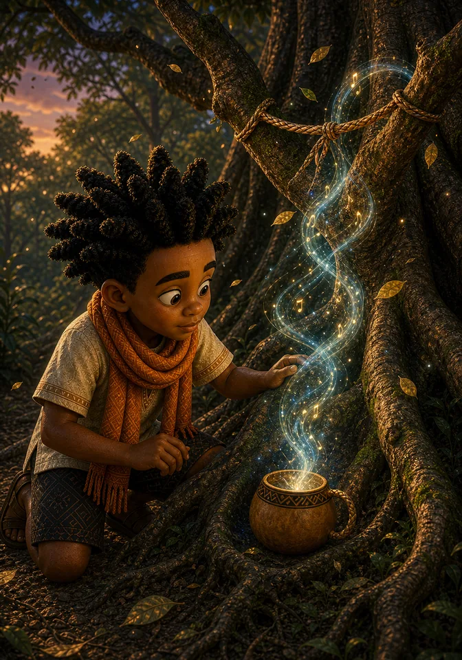 The oldest tree's melody gathers in Kweku's calabash cup.