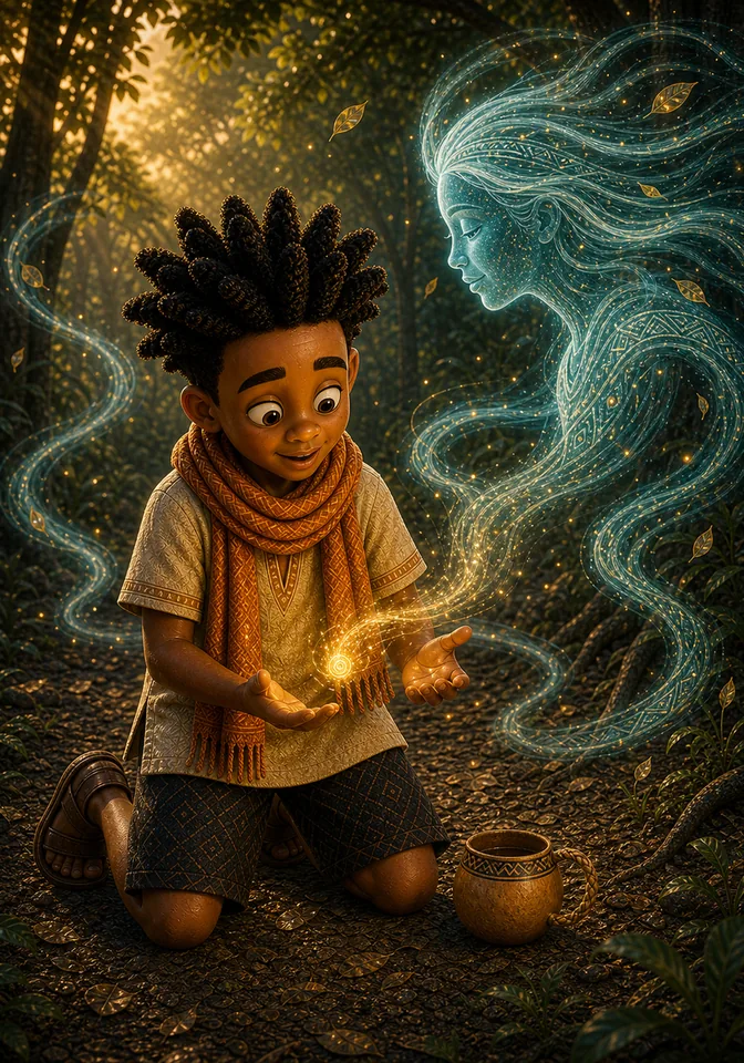 Binta returns Kweku's lost story as a golden seed.