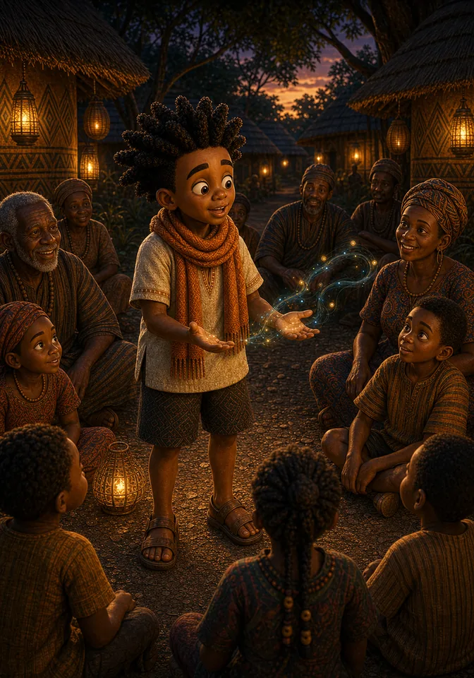 Kweku shares Binta's wonders and warning with the village.