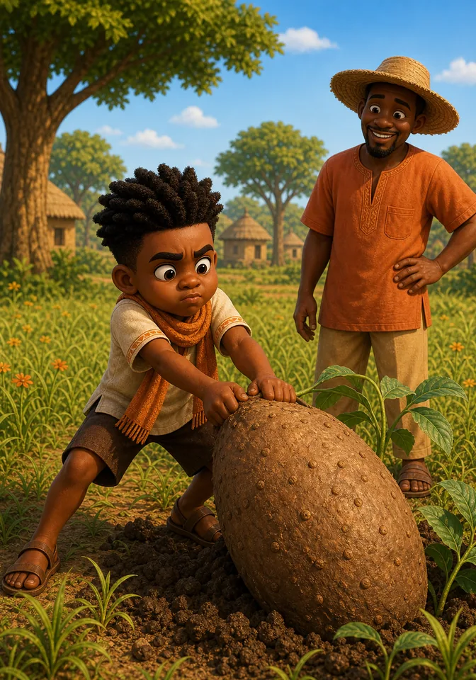 Kweku Anansi tries to pull the giant yam while Kofi the farmer smiles nearby.