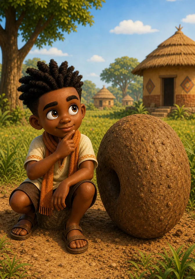 Kweku Anansi thinks beside the giant yam after turning it on its side.