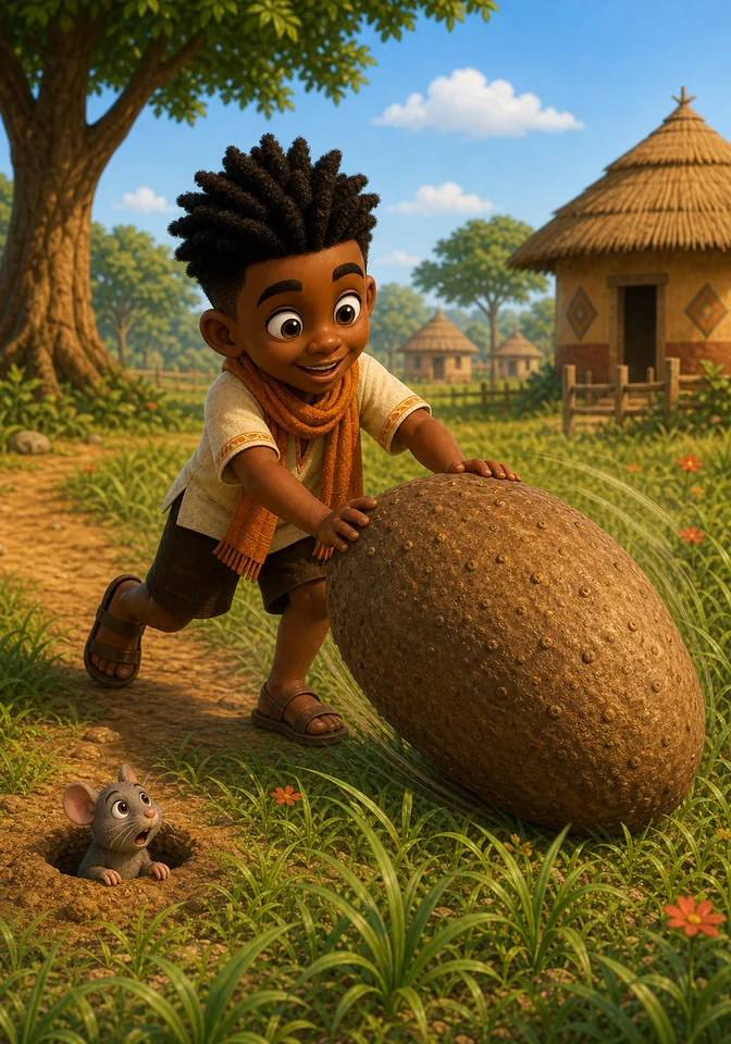 Kweku Anansi pushes the rolling yam as Adom the mouse peeks out of a hole.
