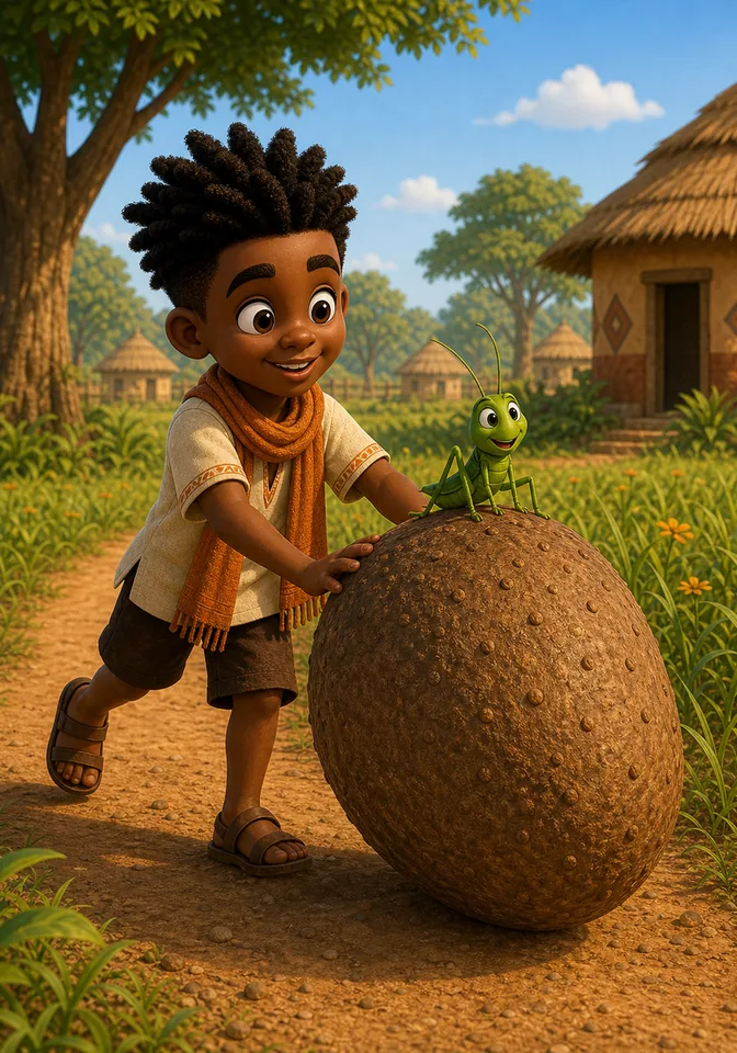 Kweku Anansi rolls the yam along a path while Efua the grasshopper rides on top.