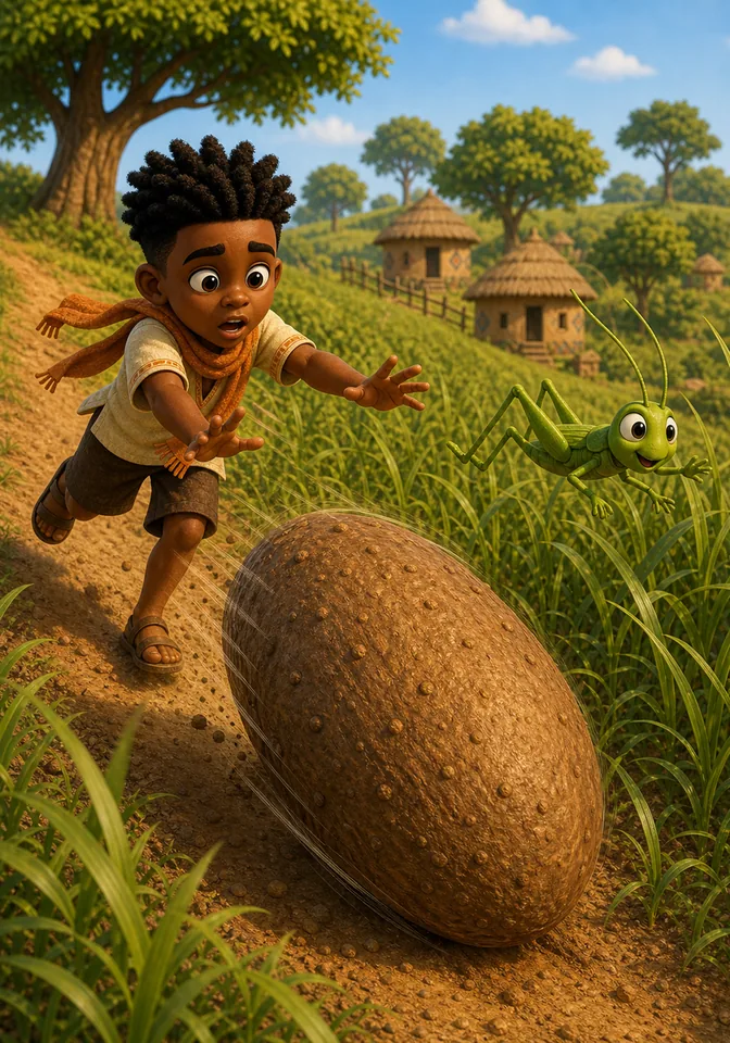 The yam rolls faster down a hill while Efua jumps into the tall grass.