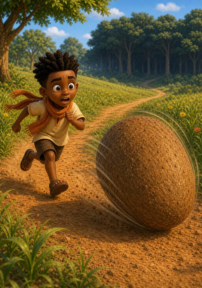 Kweku Anansi chases the runaway yam as it rolls toward a distant forest.