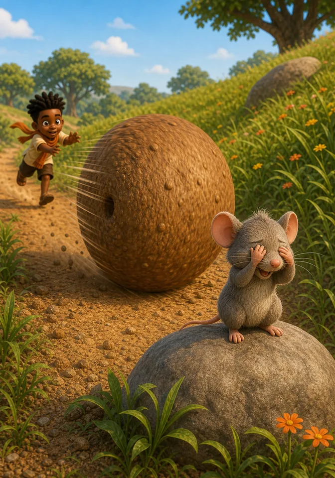 Adom the mouse covers her eyes on a rock as the giant yam rolls past.