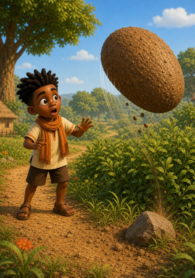 The giant yam flies safely over bushes while Kweku watches in surprise.