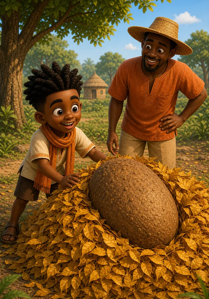 The giant yam rests safely in a pile of leaves while Kweku and Kofi smile.