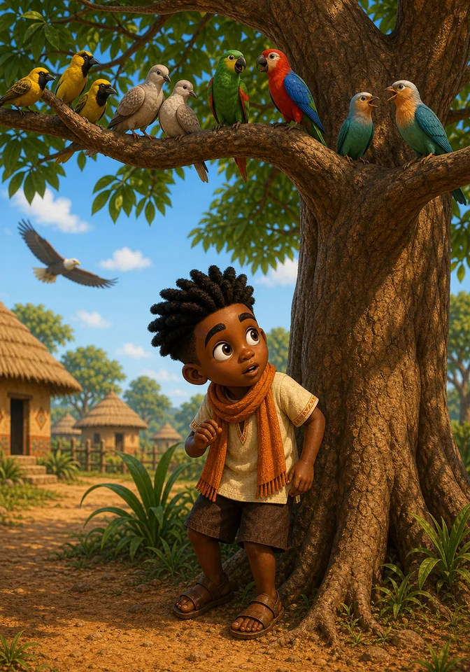 Kweku listens beneath a silk-cotton tree filled with whispering birds.