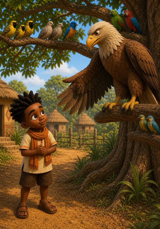 The Eagle King spreads one natural feathered wing while speaking kindly to Kweku.