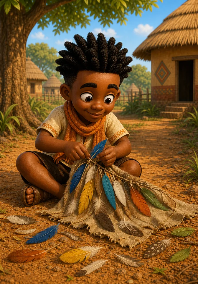 Kweku ties fallen feathers onto cloth to make a feathery cloak.