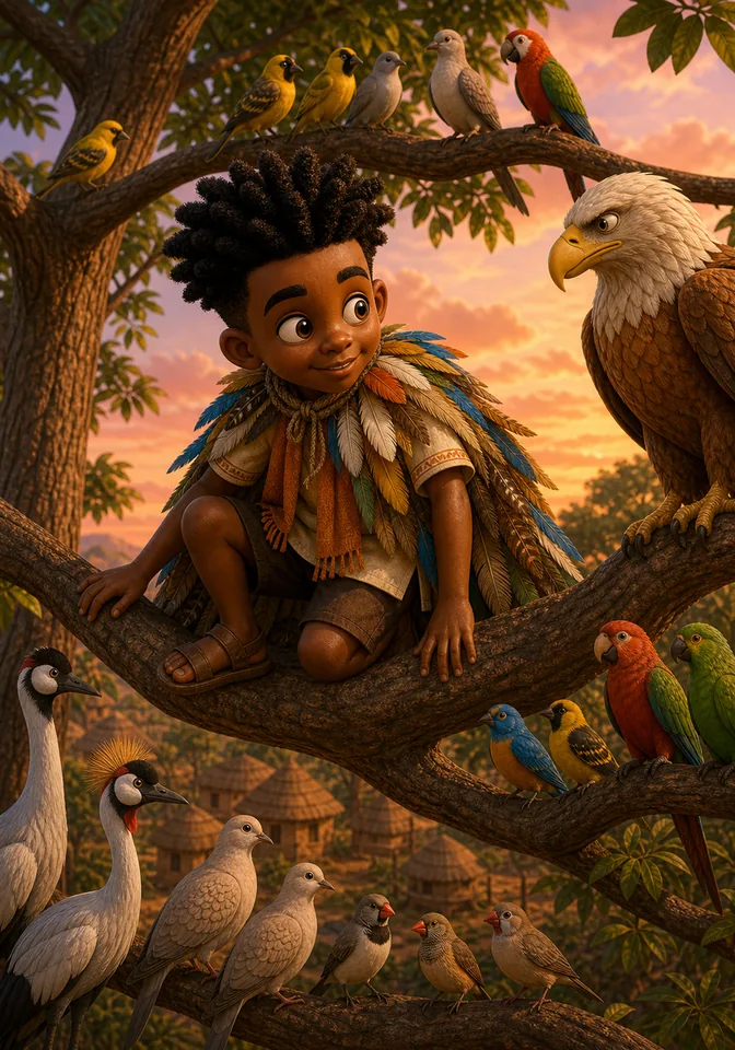 Kweku hides in his feather cloak among many birds in the sunset tree.