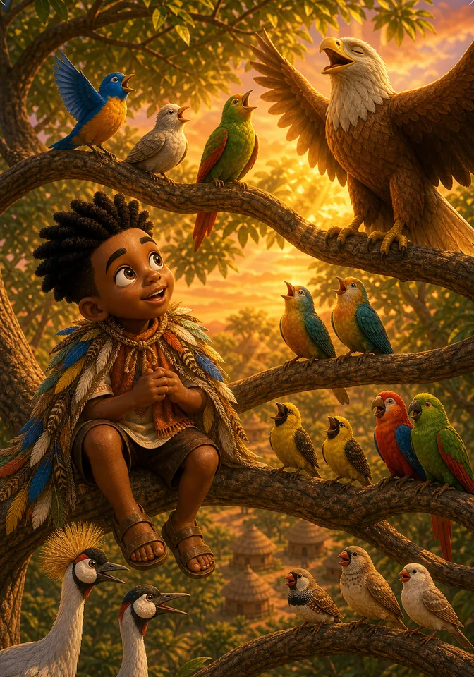 Kweku listens joyfully as the colorful birds and Eagle King sing at sunset.