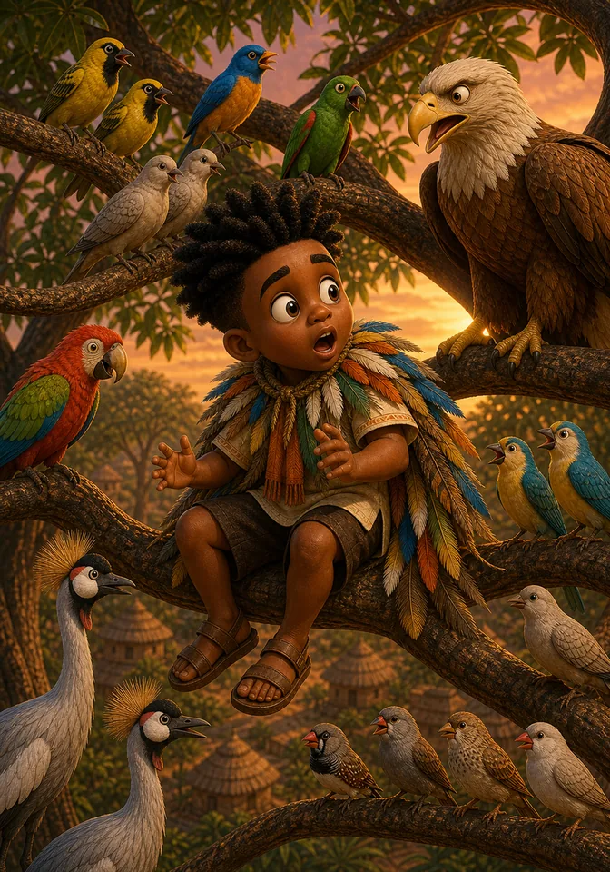 The birds turn toward surprised Kweku after he speaks during their song.